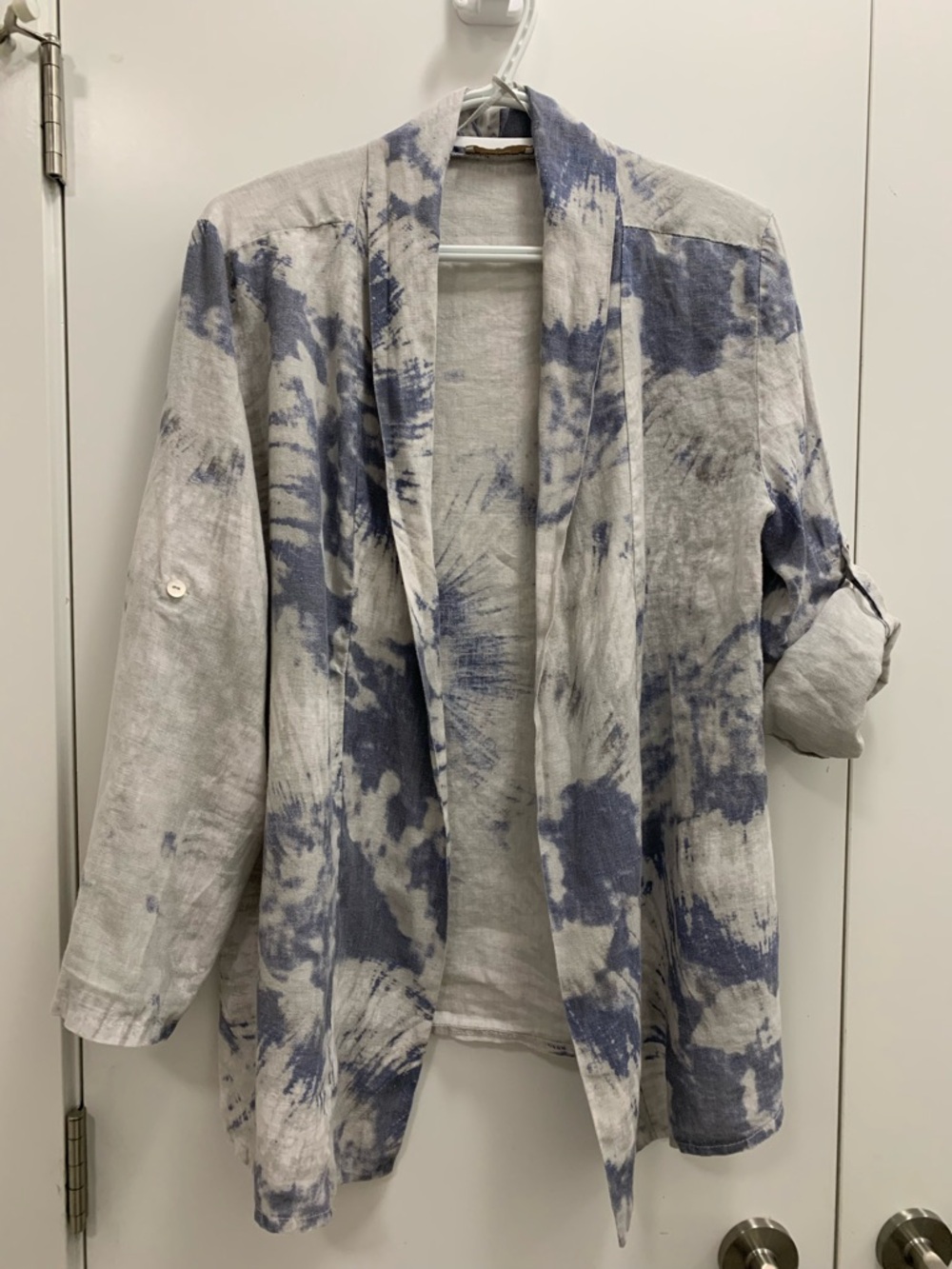 Bellambia Women's Open Front 100% Linen Jacket Blue/White made in Italy size L